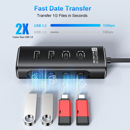 RSHTECH USB C Hub 4-Port 10Gbps High-Speed Transmission Aluminum Multifunction Docking Station Type-C Splitter for Laptops PC
