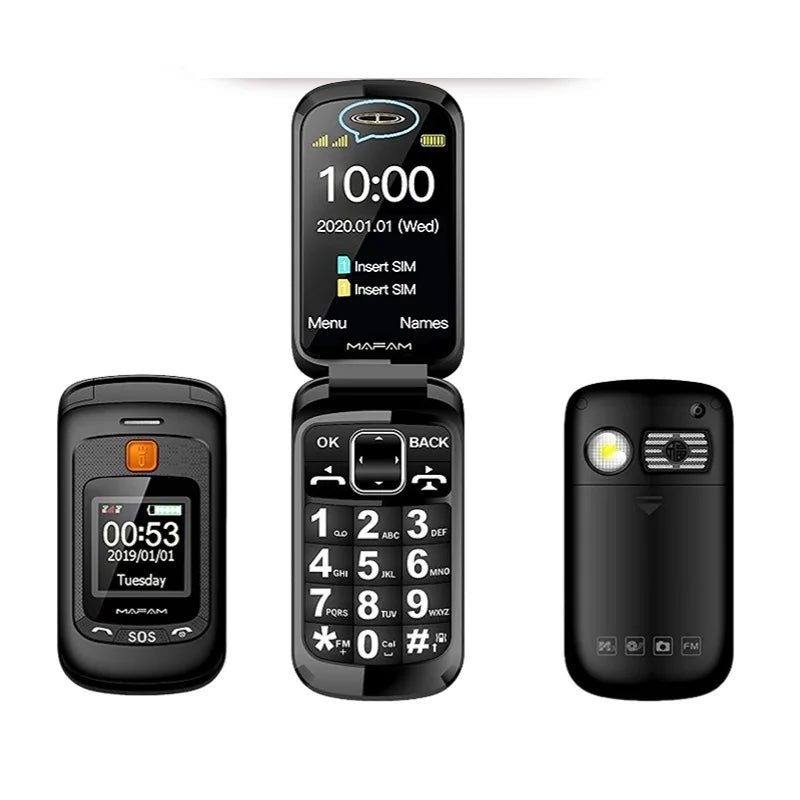 Dual Display Senior Cellphone Two SIM Large Push Keypad Speed Dial Torch FM Push Button SOS Button Elderly Cover Mobile Phone