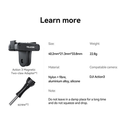 TELESIN Magnetic Two Claw Adapter Action Camera Accessories For DJI OSMO Action 3 4 Adapter