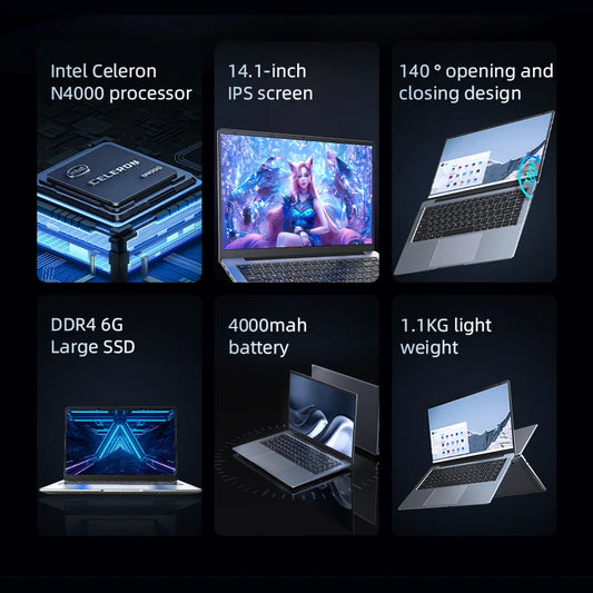 BYONE 14.1 Inch Laptop Intel N4000 6GB RAM 256GB 512GB SSD Windows 11 Notebook 1366*768 HD LCD Wifi HDMI USB laptop PC