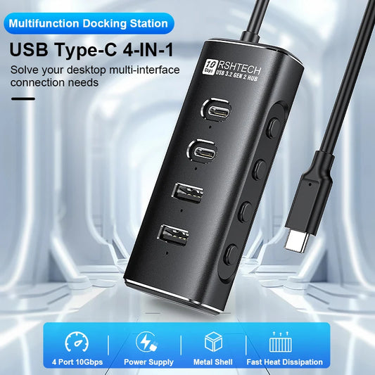 RSHTECH USB C Hub 4-Port 10Gbps High-Speed Transmission Aluminum Multifunction Docking Station Type-C Splitter for Laptops PC