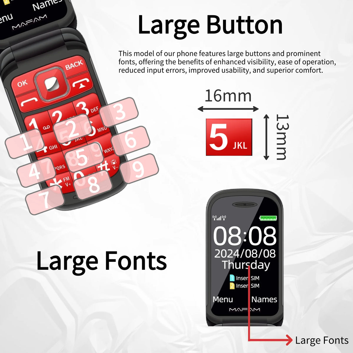 Dual Display Senior Cellphone Two SIM Large Push Keypad Speed Dial Torch FM Push Button SOS Button Elderly Cover Mobile Phone