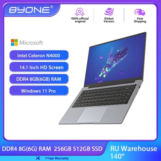 BYONE 14.1 Inch Laptop Intel N4000 6GB RAM 256GB 512GB SSD Windows 11 Notebook 1366*768 HD LCD Wifi HDMI USB laptop PC
