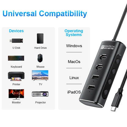 RSHTECH USB C Hub 4-Port 10Gbps High-Speed Transmission Aluminum Multifunction Docking Station Type-C Splitter for Laptops PC